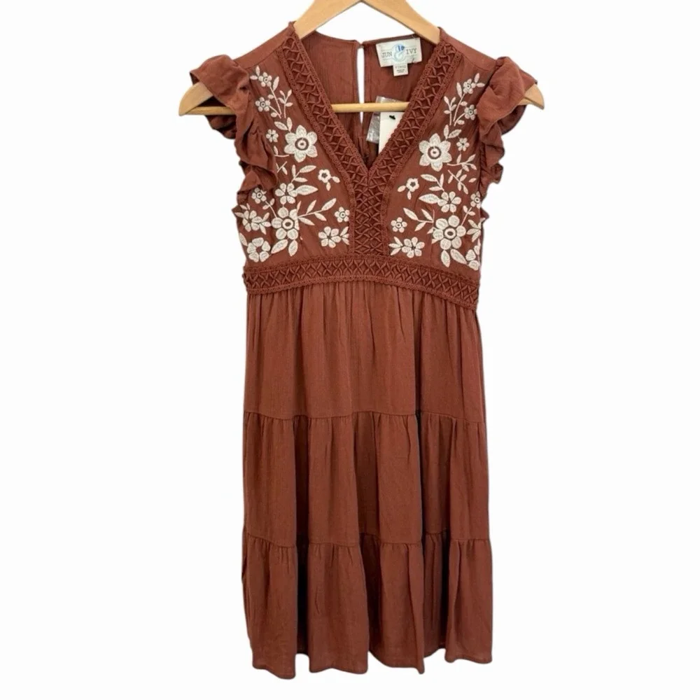 Boho Floral Embroidered Ruffle Tiered Mini Dress Rust Orange Terracotta Size 12